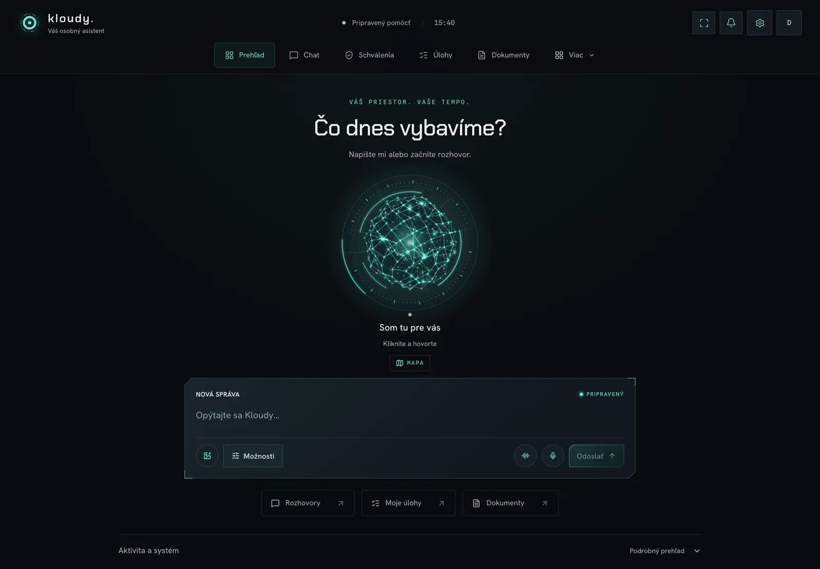 Prehľad: hlavná obrazovka s guľou Kloudyho