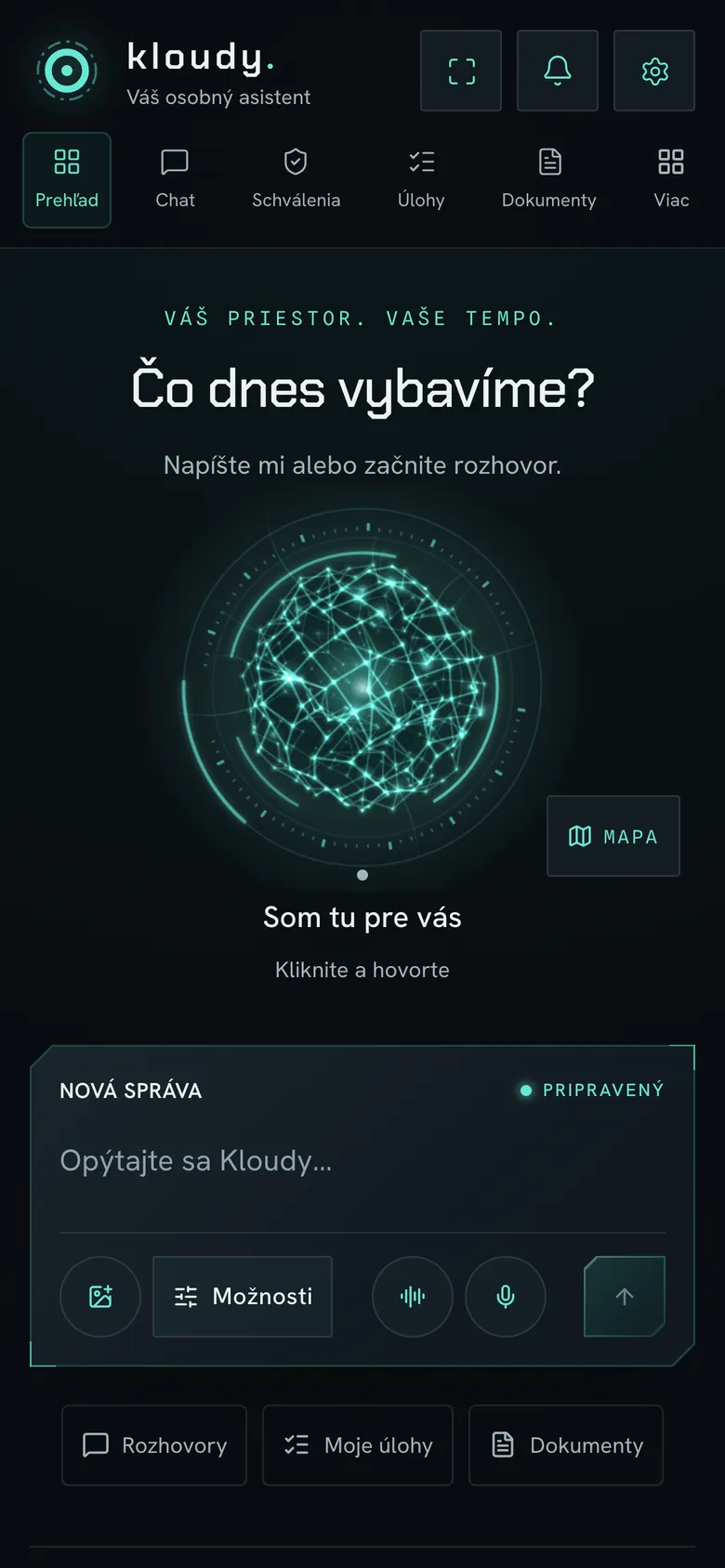 Prehľad: hlavná obrazovka s guľou Kloudyho (mobil)